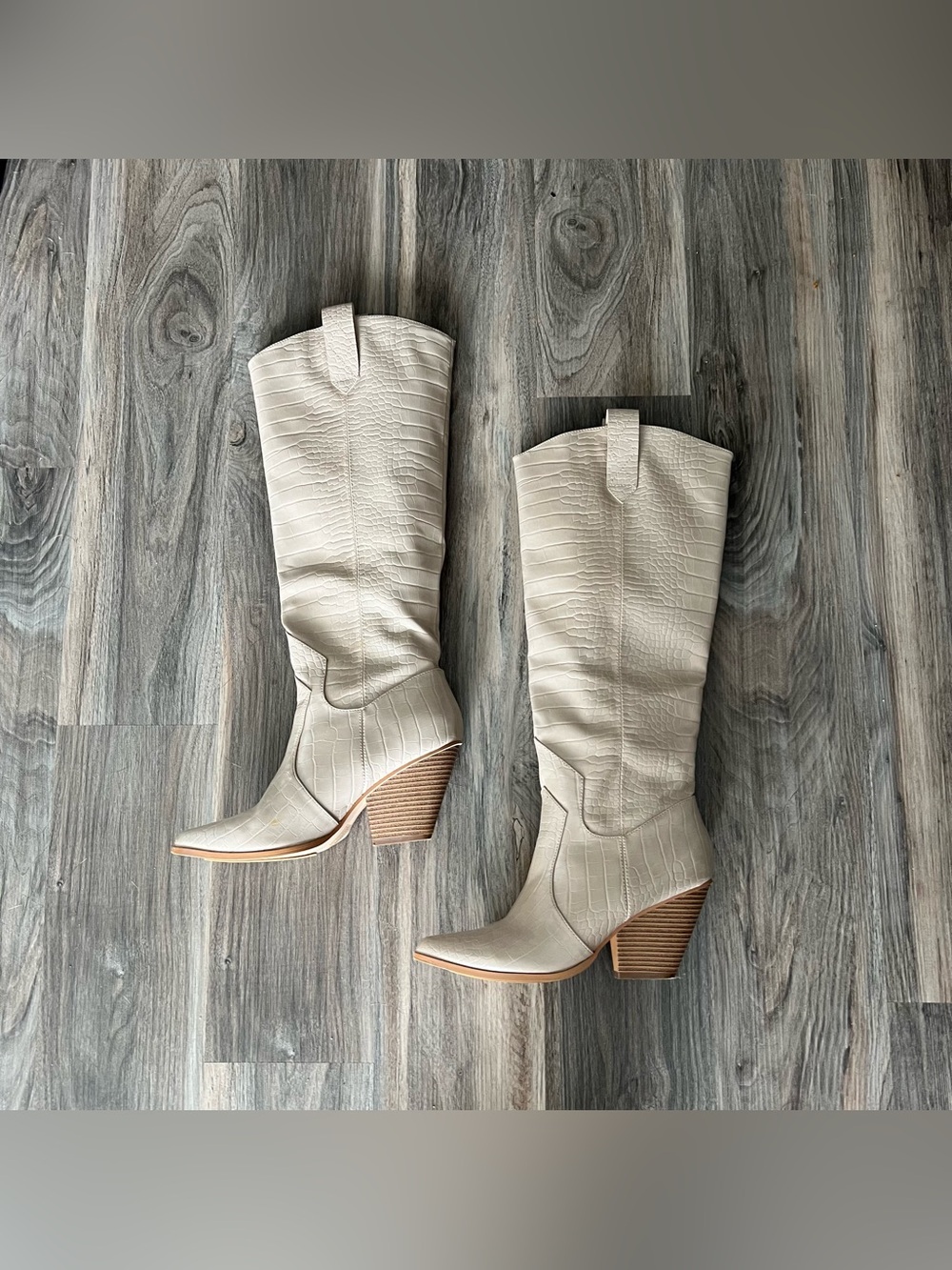 Tall Croc-Embossed Cream Knee-High Boots